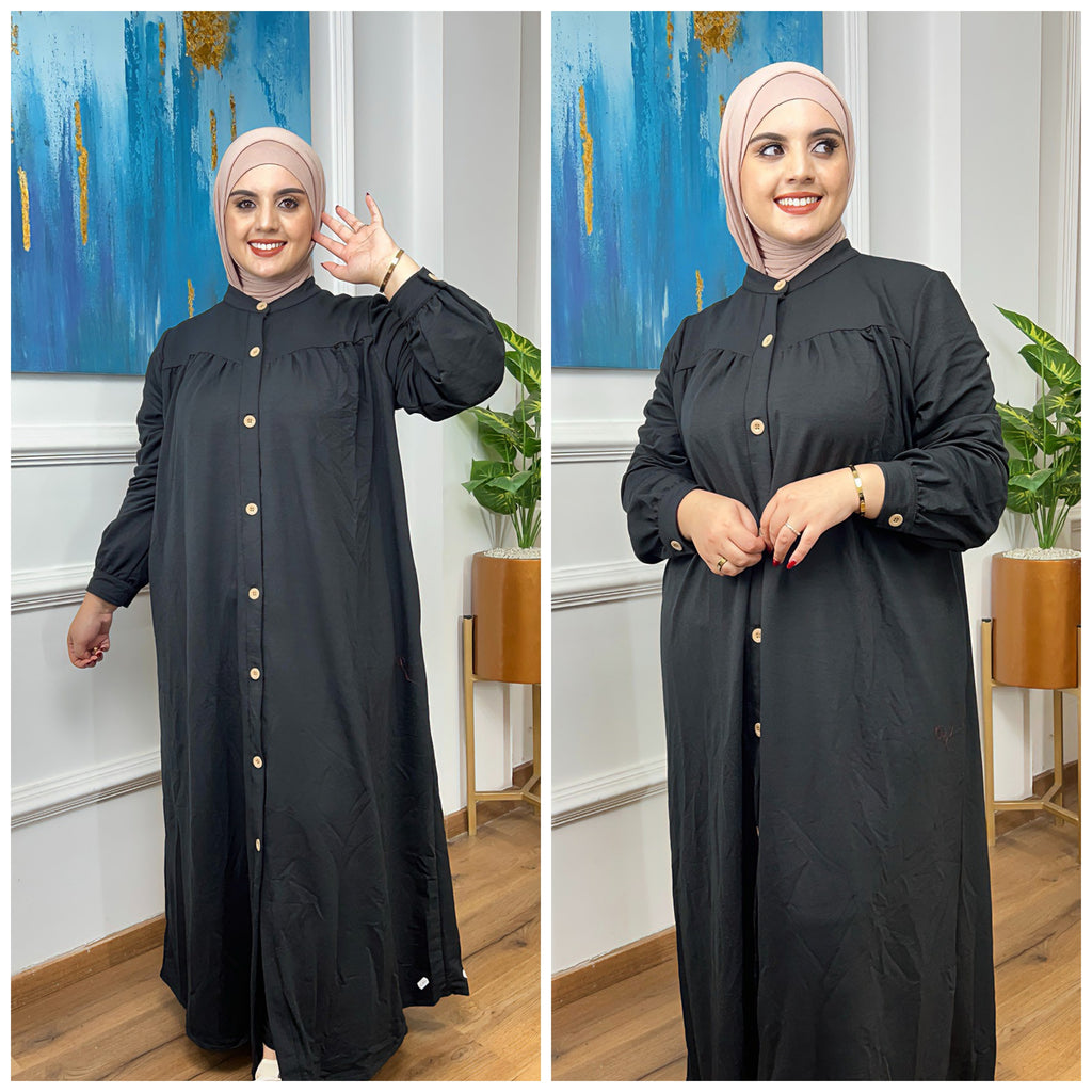 Robe chemise longue à boutons dorés et manches froncées — Noir