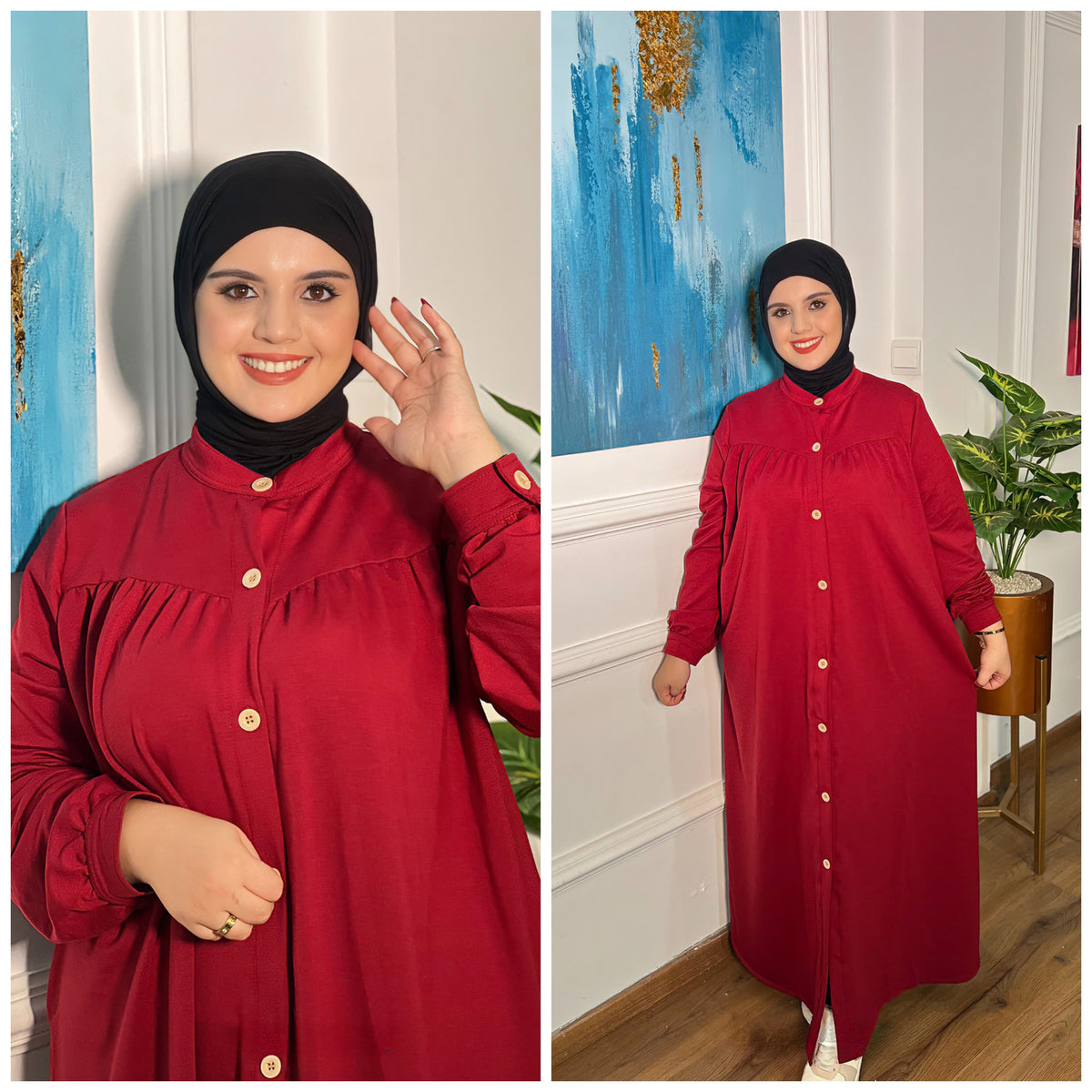 Robe chemise longue à boutons dorés et manches froncées — Bordeaux