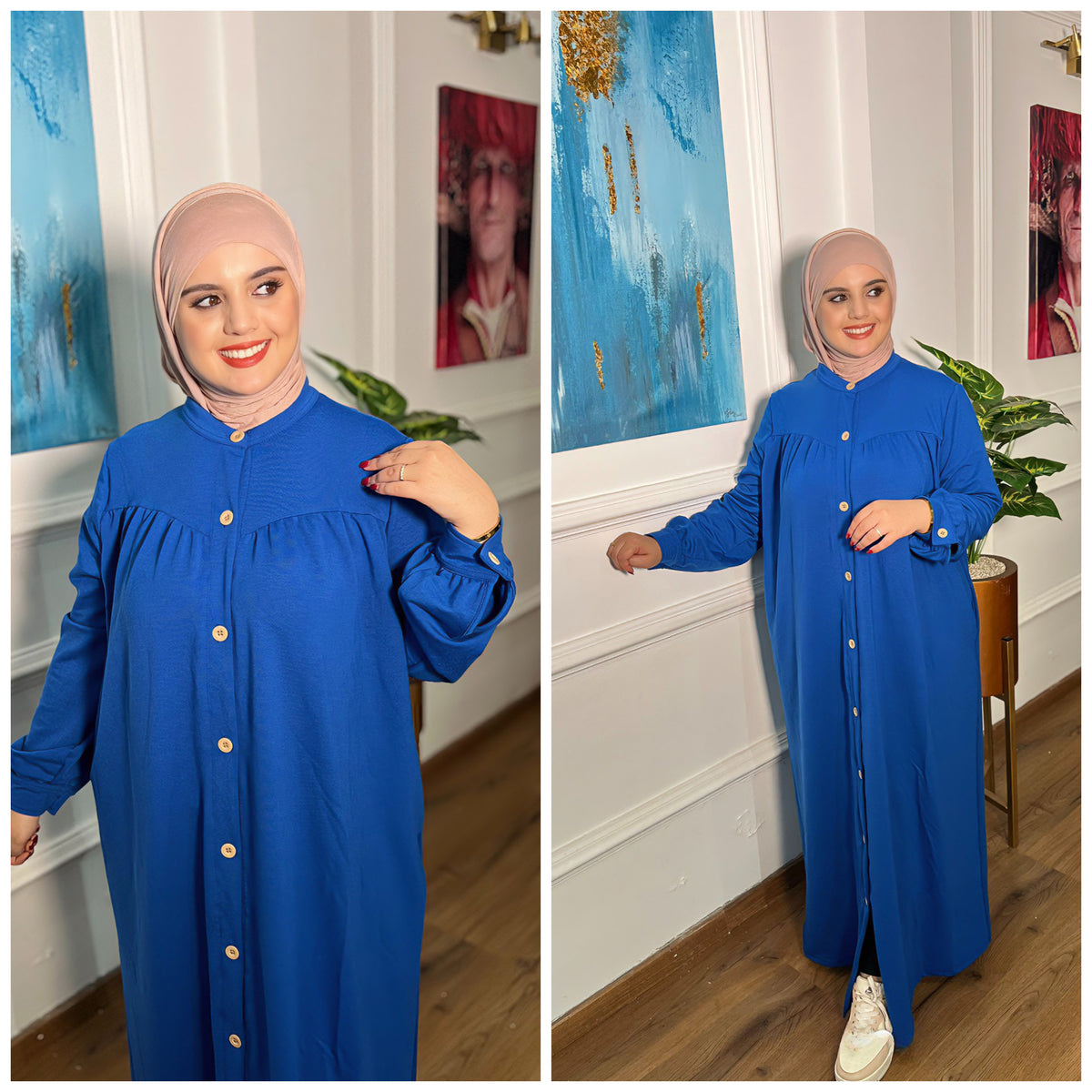 Robe chemise longue à boutons dorés et manches froncées — Bleu roi