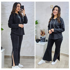 Ensemble femme à sweat long et capuche à liens contrastés — Noir