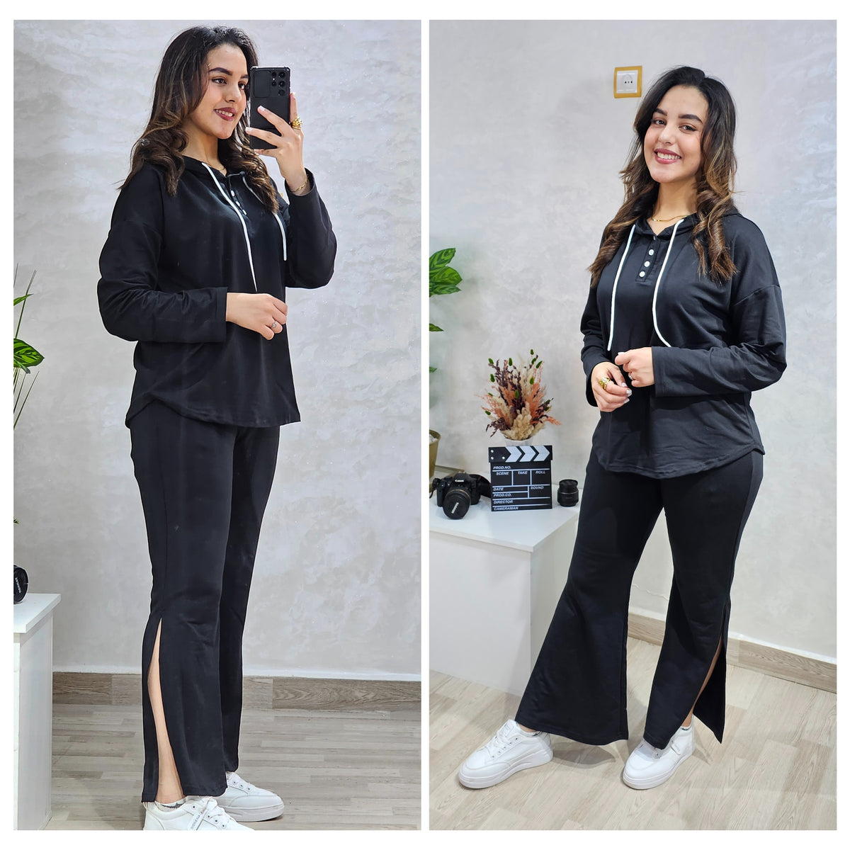 Ensemble femme à sweat long et capuche à liens contrastés — Noir