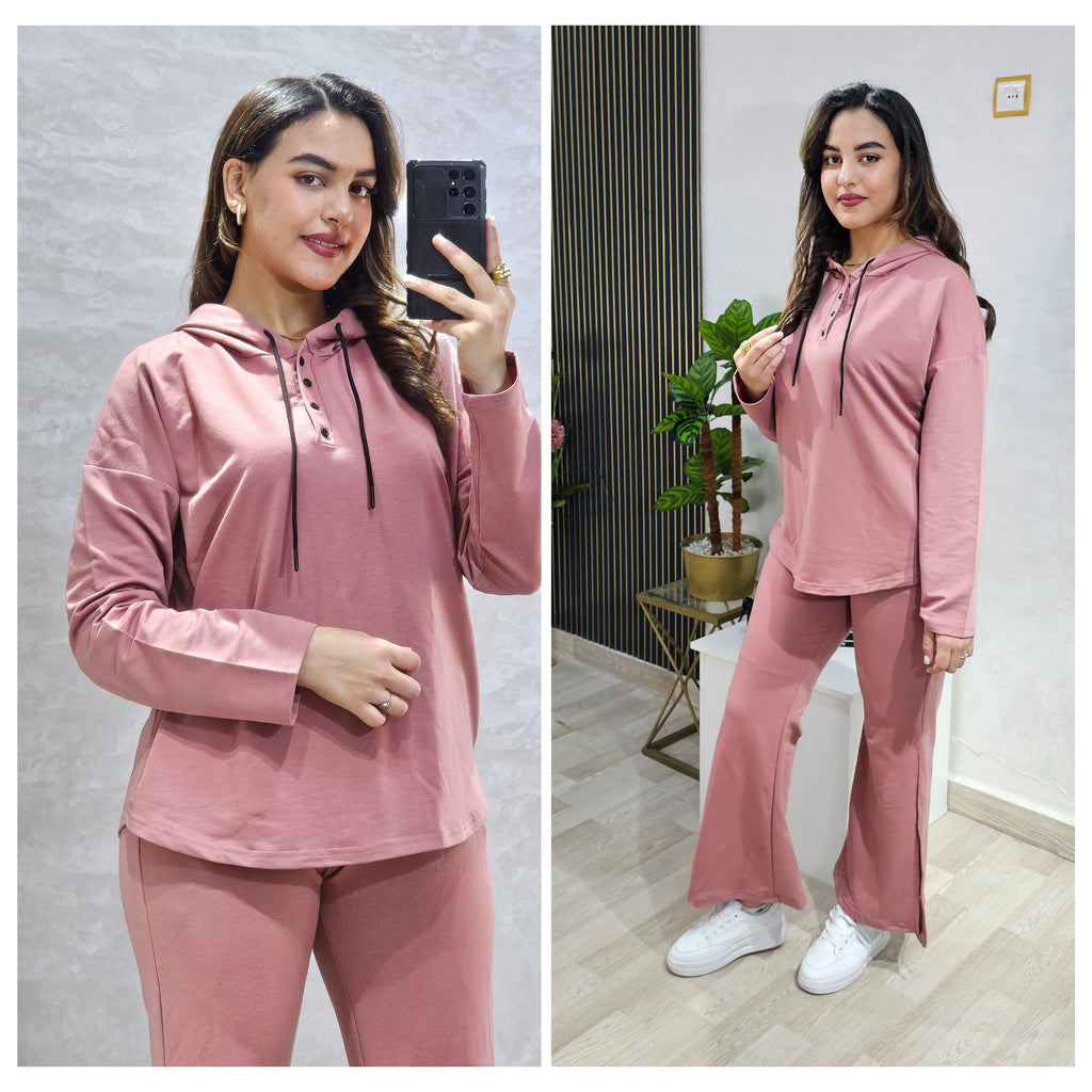 Ensemble femme à sweat long et capuche à liens contrastés — Rose
