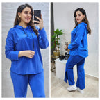 Ensemble femme à sweat long et capuche à liens contrastés — Bleu roi