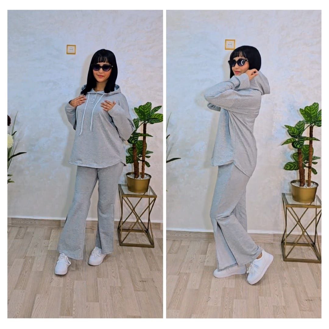 Ensemble femme à sweat long et capuche à liens contrastés — Gris