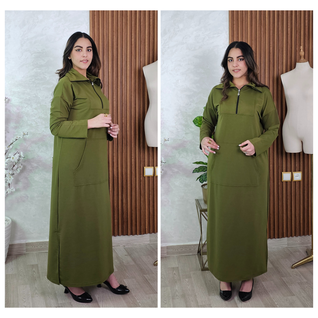 Robe longue à capuche, demi-zip et poches — Vert olive
