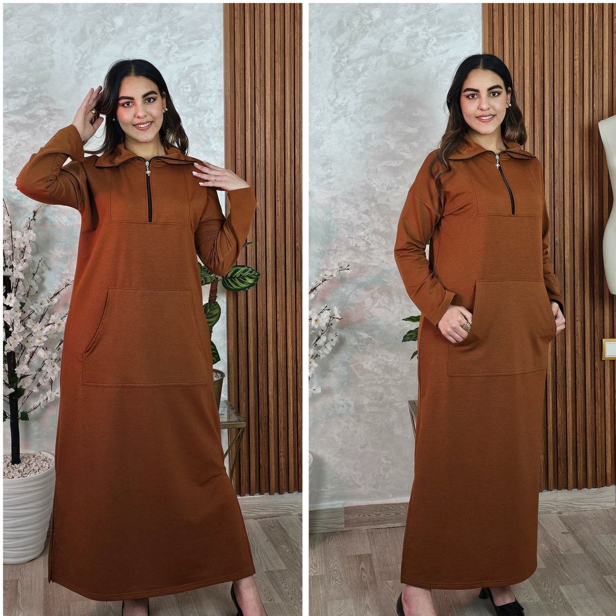 Robe longue à capuche, demi-zip et poches — Marron