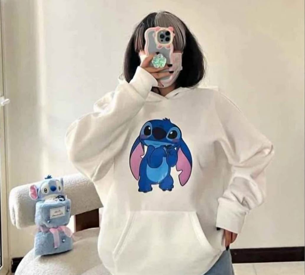 Sweat femme à capuche et motif de personnage bleu — Blanc cassé