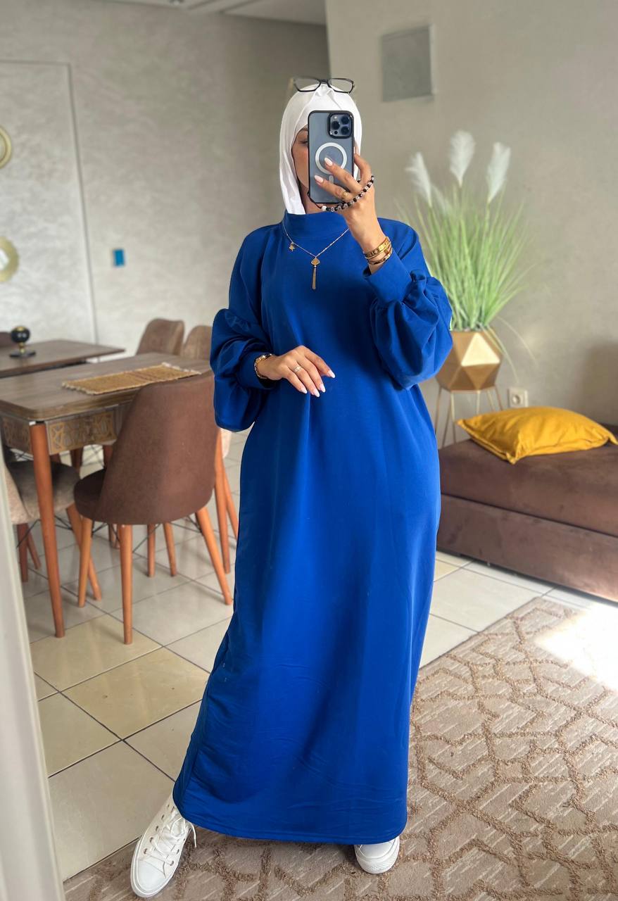 Robe longue ample à col froncé et manches bouffantes — Bleu roi