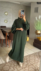 Robe longue ample à col froncé et manches bouffantes — Vert foncé