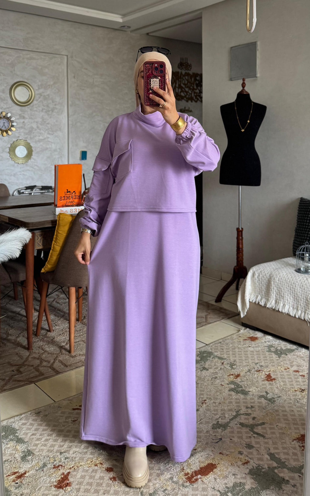 Ensemble robe longue et gilet court à poche plaquée — Mauve