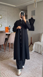 Ensemble femme à tunique longue boutonnée et pantalon ample — Bleu marine