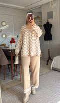 Ensemble femme à tunique géométrique et pantalon droit — Beige