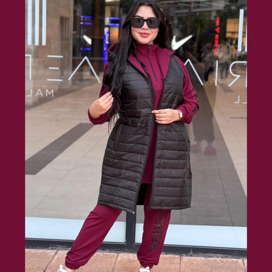 Ensemble hiver trois pièces avec gilet long à capuche – Vue 1