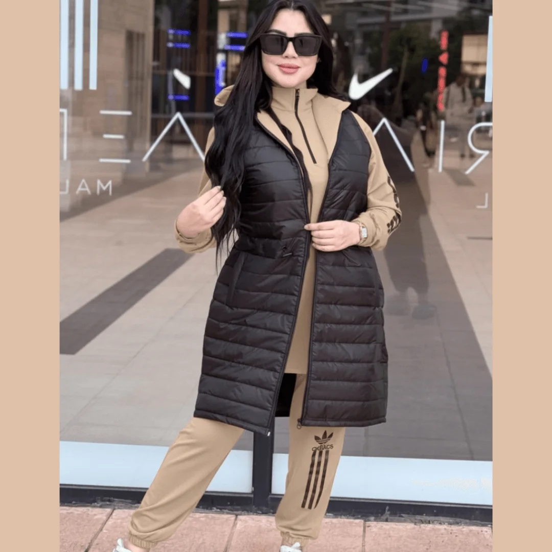 Ensemble hiver trois pièces avec gilet long à capuche – Vue 2