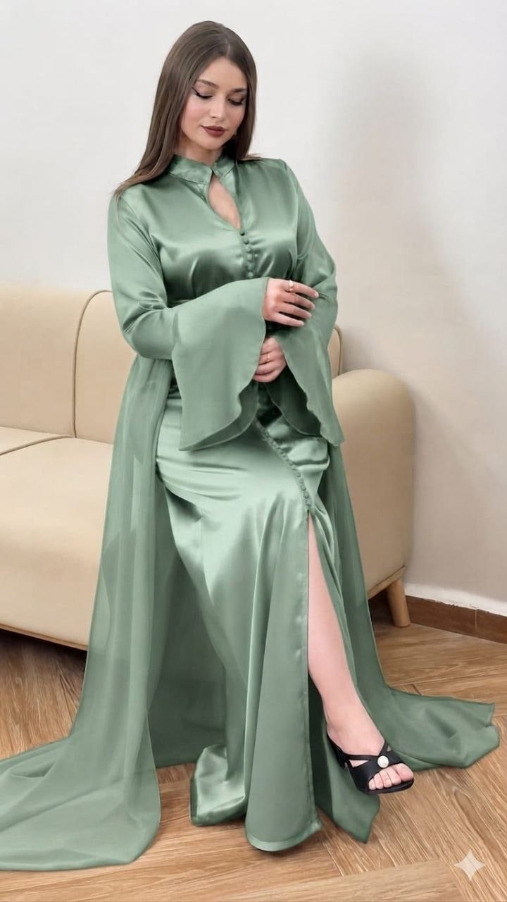 Caftan papillon deux pièces en crêpe et mousseline – Vue 12