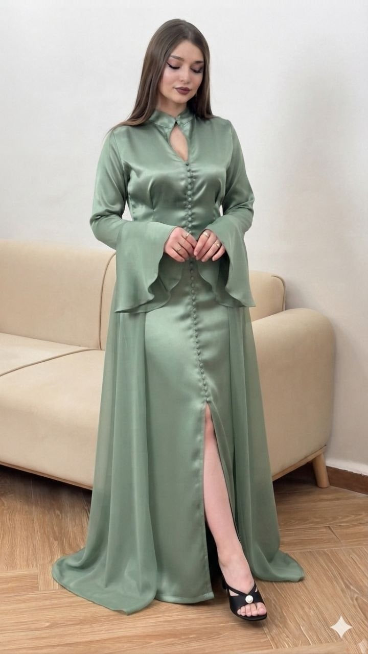 Caftan papillon deux pièces en crêpe et mousseline – Vue 11