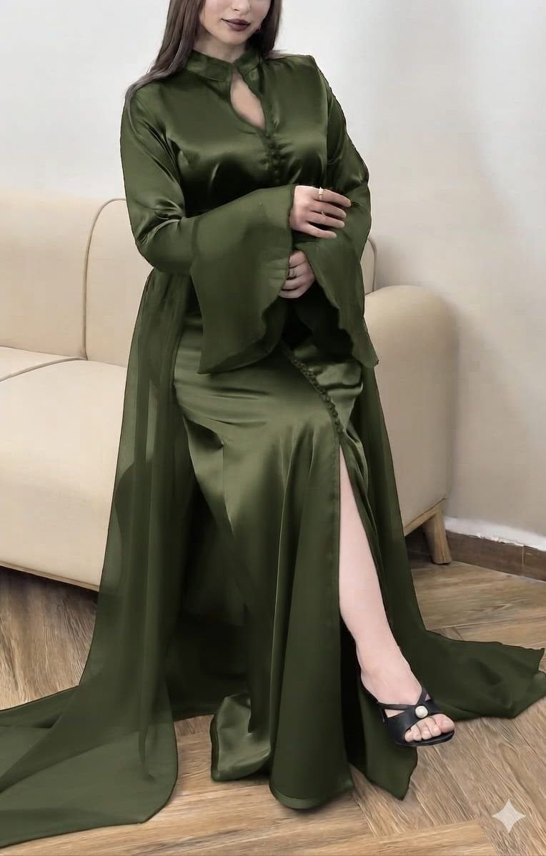 Caftan papillon deux pièces en crêpe et mousseline – Vue 16