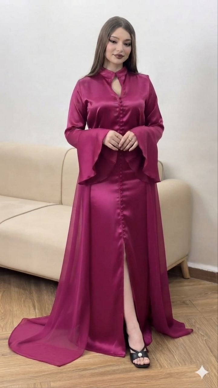 Caftan papillon deux pièces en crêpe et mousseline – Vue 8