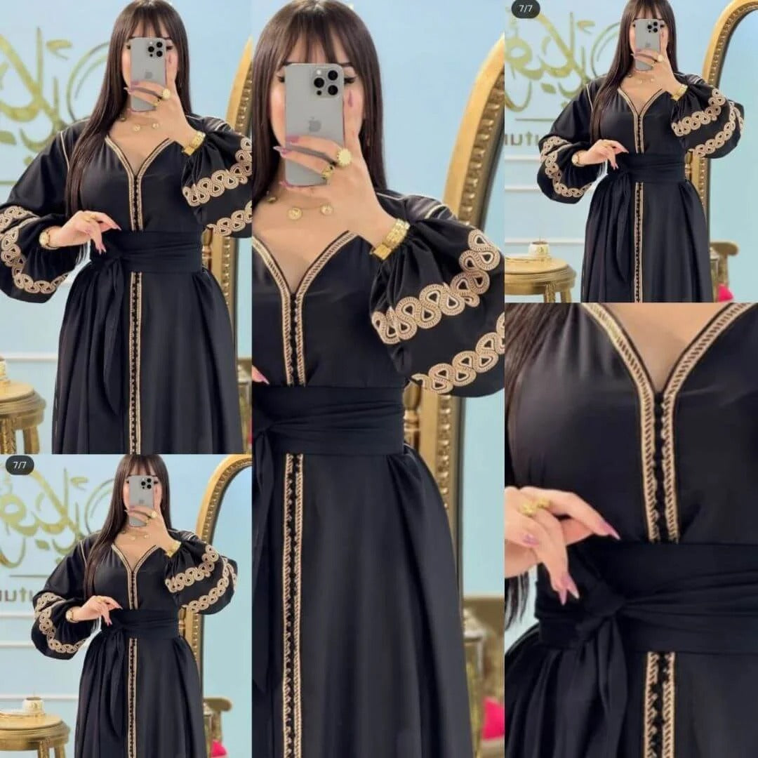 Caftan en crêpe Rosa à sfifa et aakad avec ceinture – Vue 6