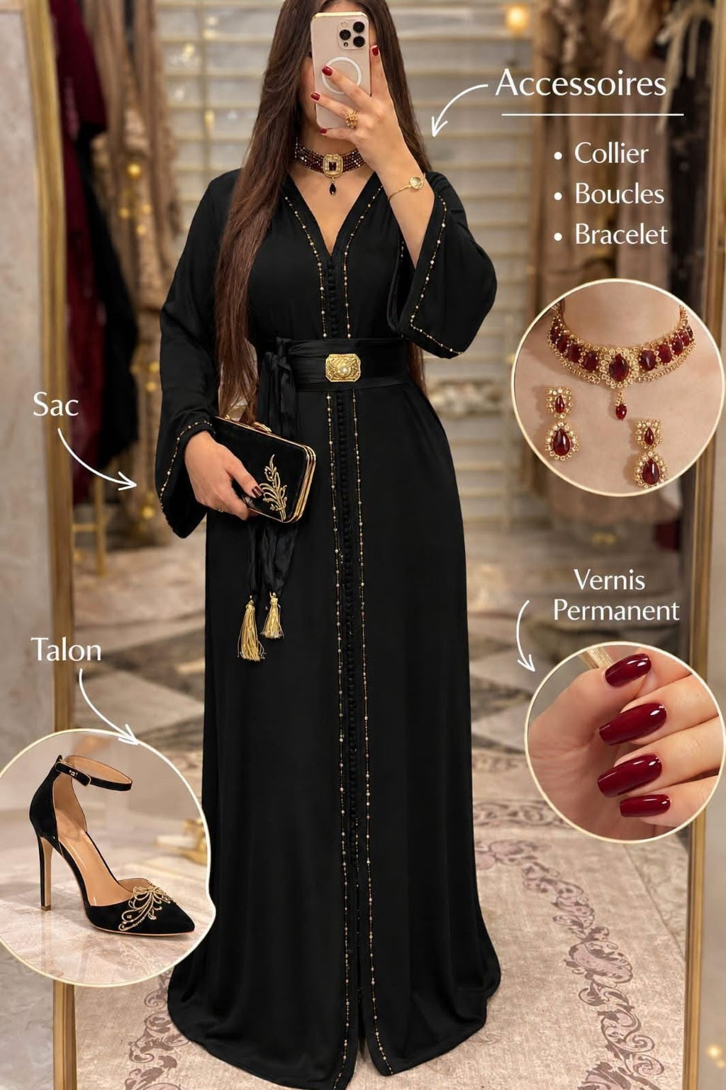 Caftan Hmaoui perlé en crêpe de soie avec ceinture à broche – Vue 5