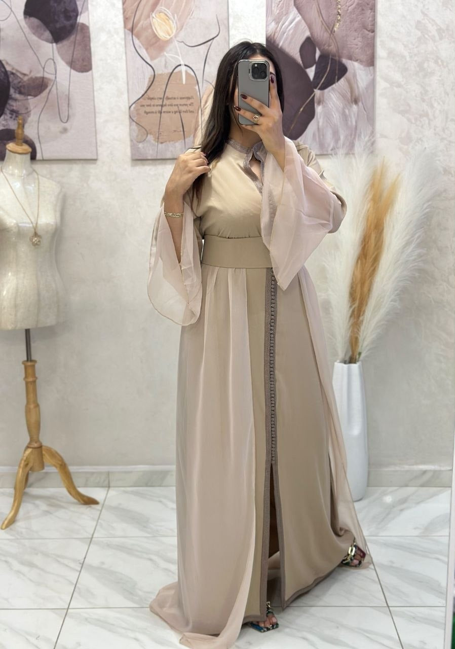 Caftan papillon deux pièces en crêpe et mousseline – Vue 28