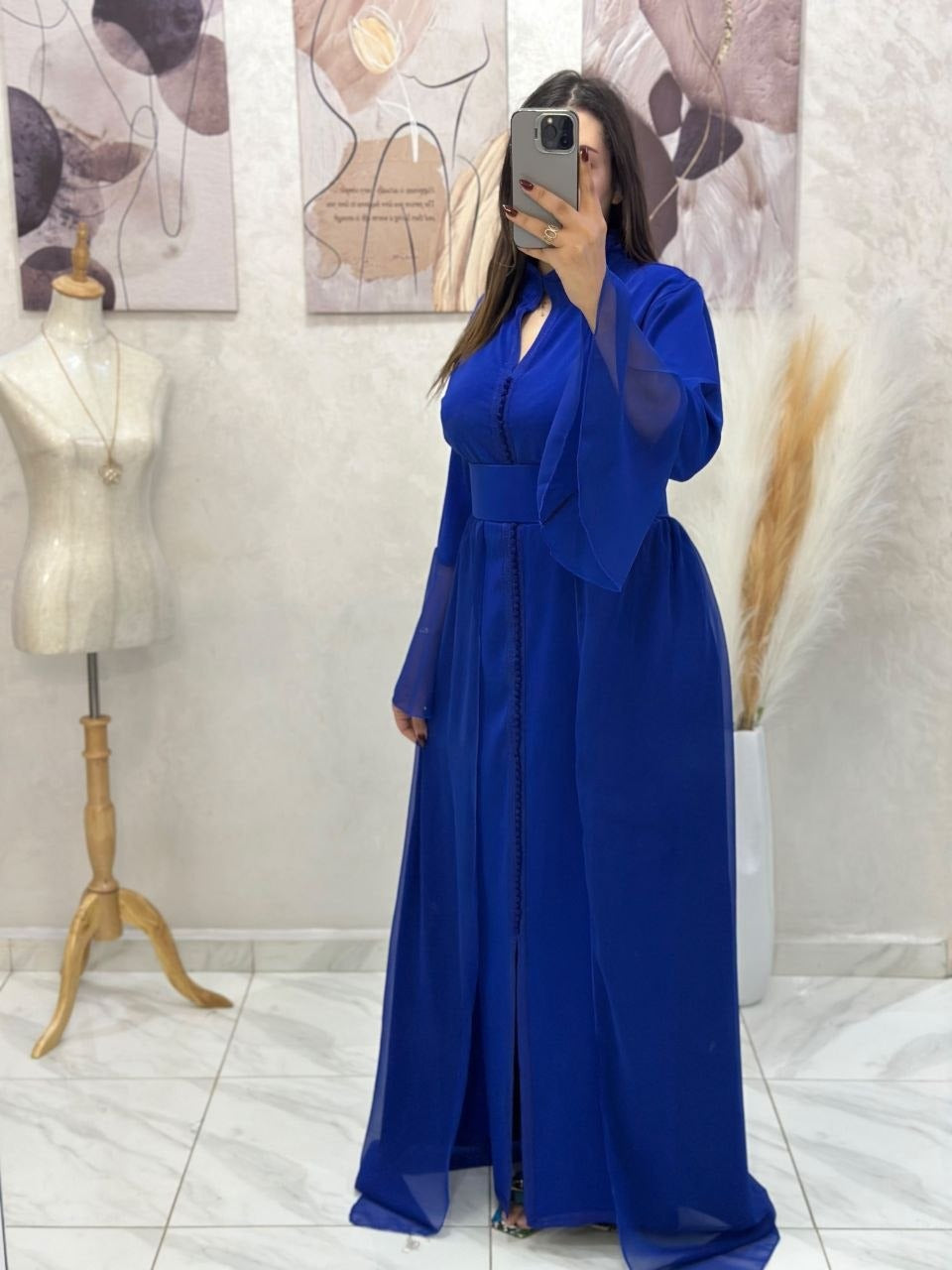 Caftan papillon deux pièces en crêpe et mousseline – Vue 25