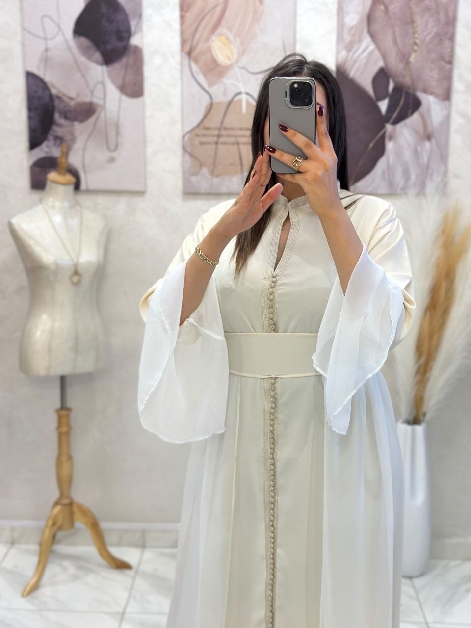 Caftan papillon deux pièces en crêpe et mousseline – Vue 20