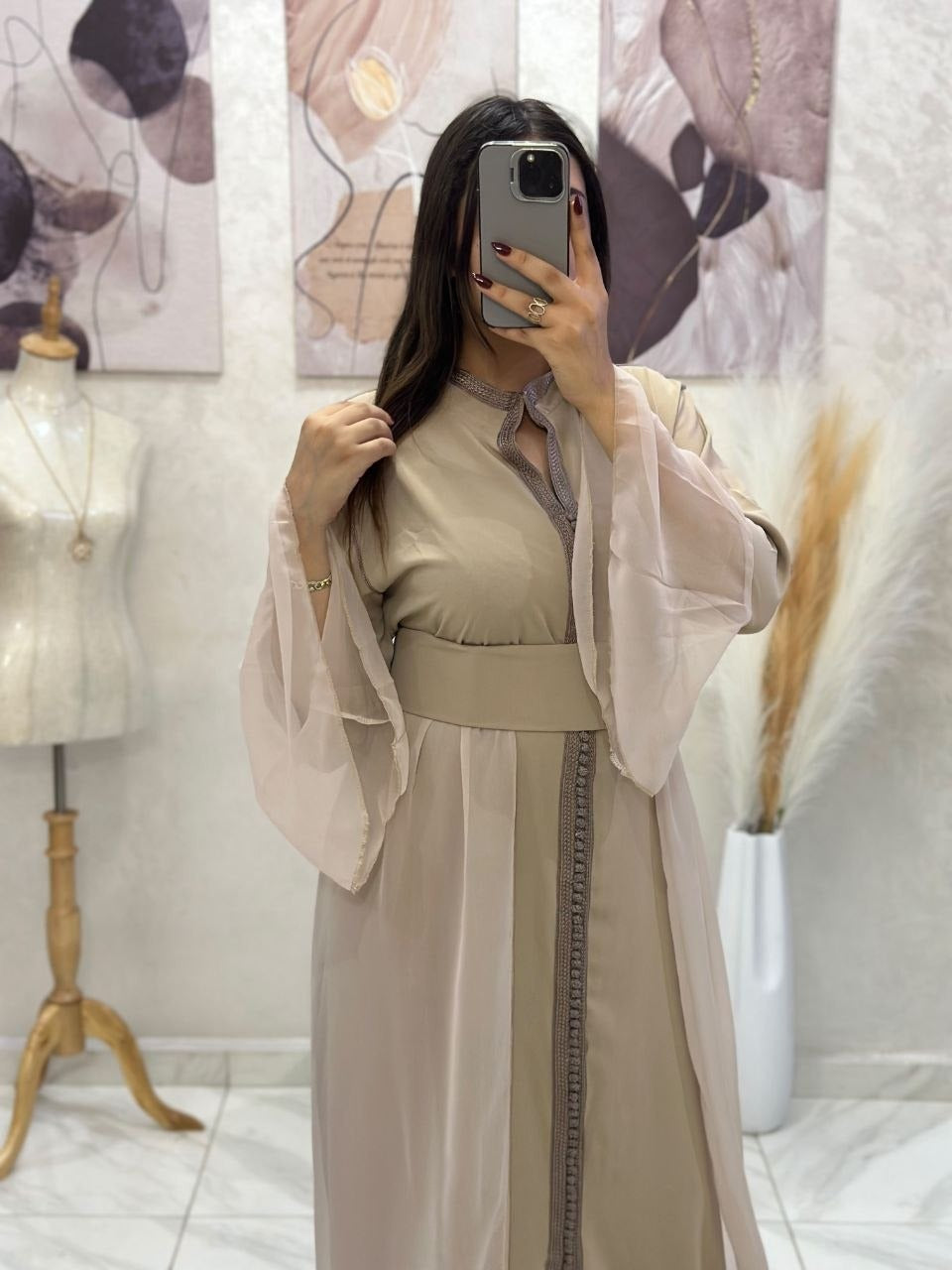 Caftan papillon deux pièces en crêpe et mousseline – Vue 34
