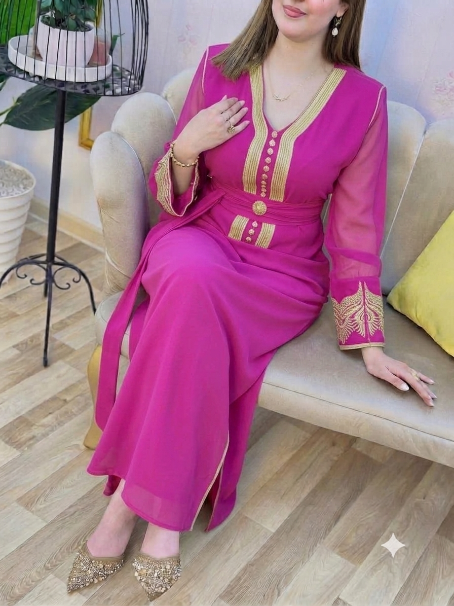 Caftan en crêpe de soie à broderie rbatie avec ceinture – Vue 18