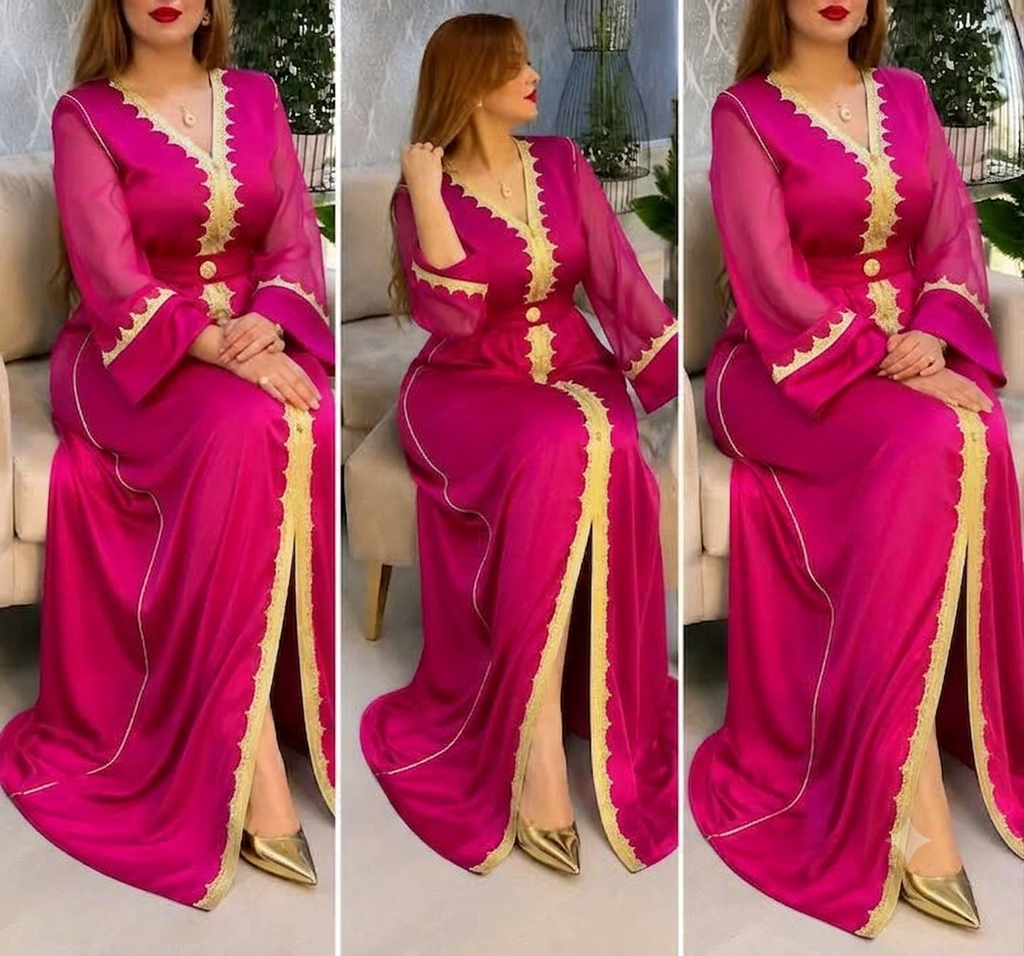 Caftan en crêpe de soie avec ceinture – Modèle 4 fils – Vue 3