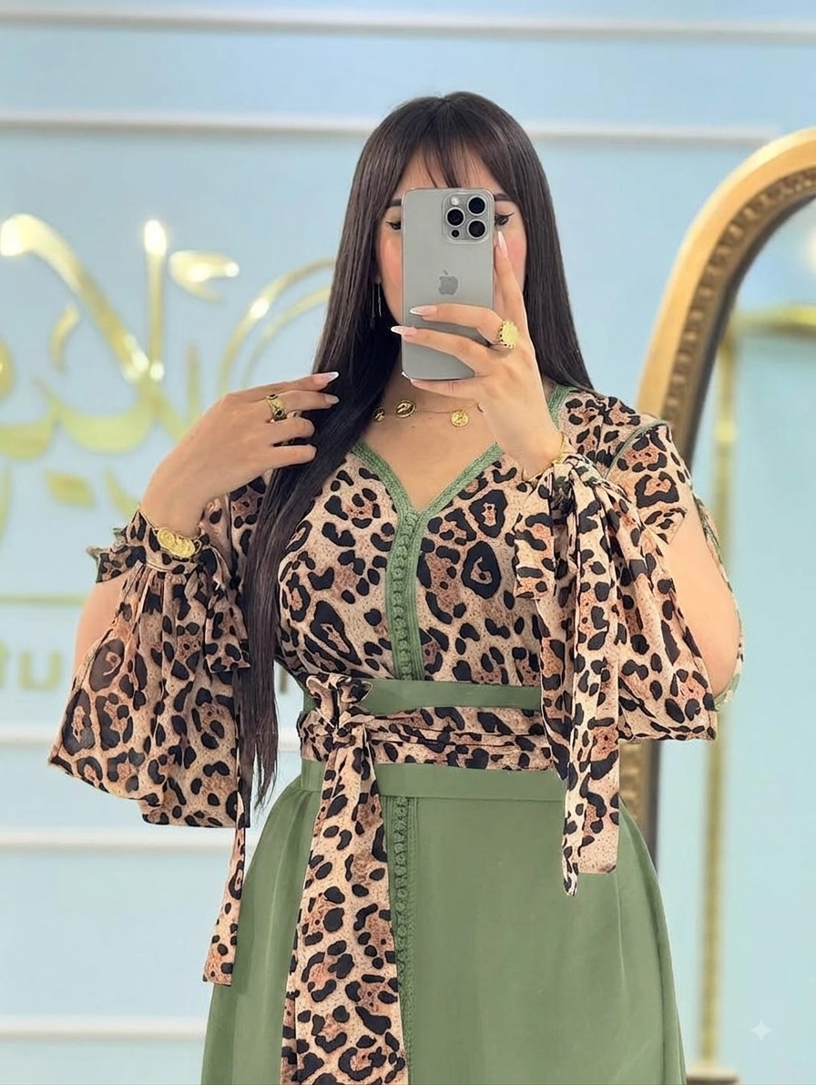 Caftan imprimé léopard en crêpe Rosa avec ceinture – Vue 11