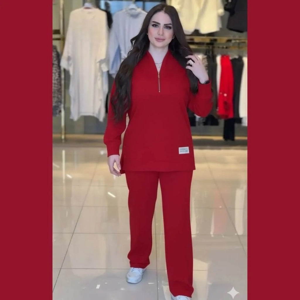 Ensemble femme en molleton avec tunique zippée et pantalon large – Vue 1