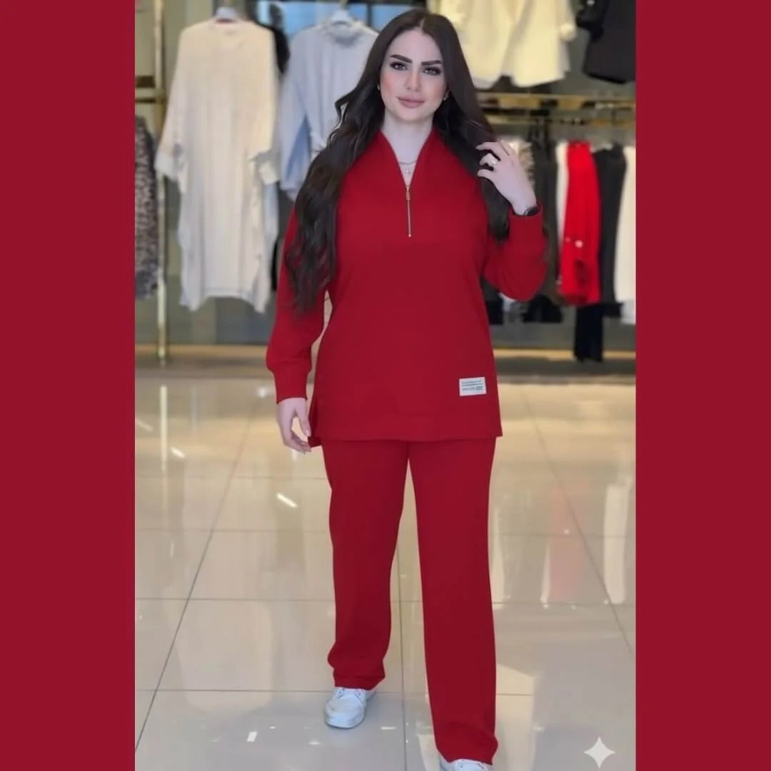 Ensemble femme en molleton avec tunique zippée et pantalon large – Vue 1