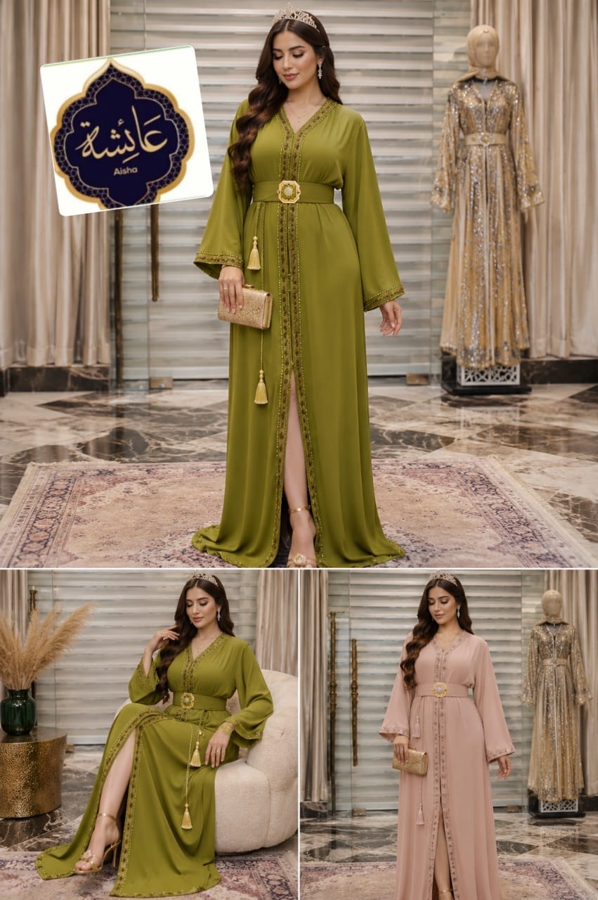 Caftan Hmaoui perlé en crêpe de soie avec ceinture à broche – Vue 16