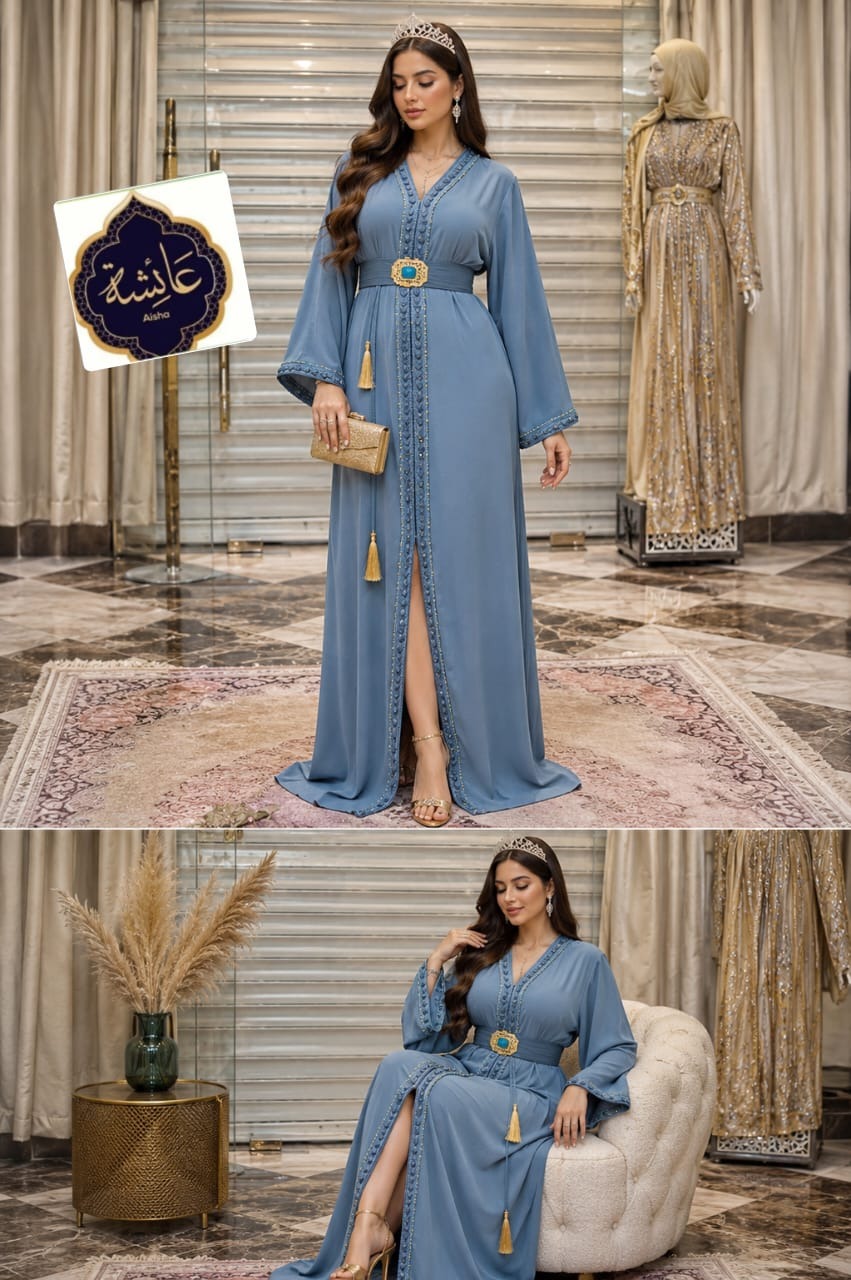 Caftan Hmaoui perlé en crêpe de soie avec ceinture à broche – Vue 14