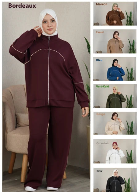 Ensemble femme zippé à liserés contrastés et pantalon ample — Beige Foncé, Bordeaux, Noir, Kaki, Marron, Marron Foncé, Bleu, Blanc
