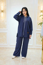 Ensemble femme à veste zippée et pantalon large en molleton — Bleu marine