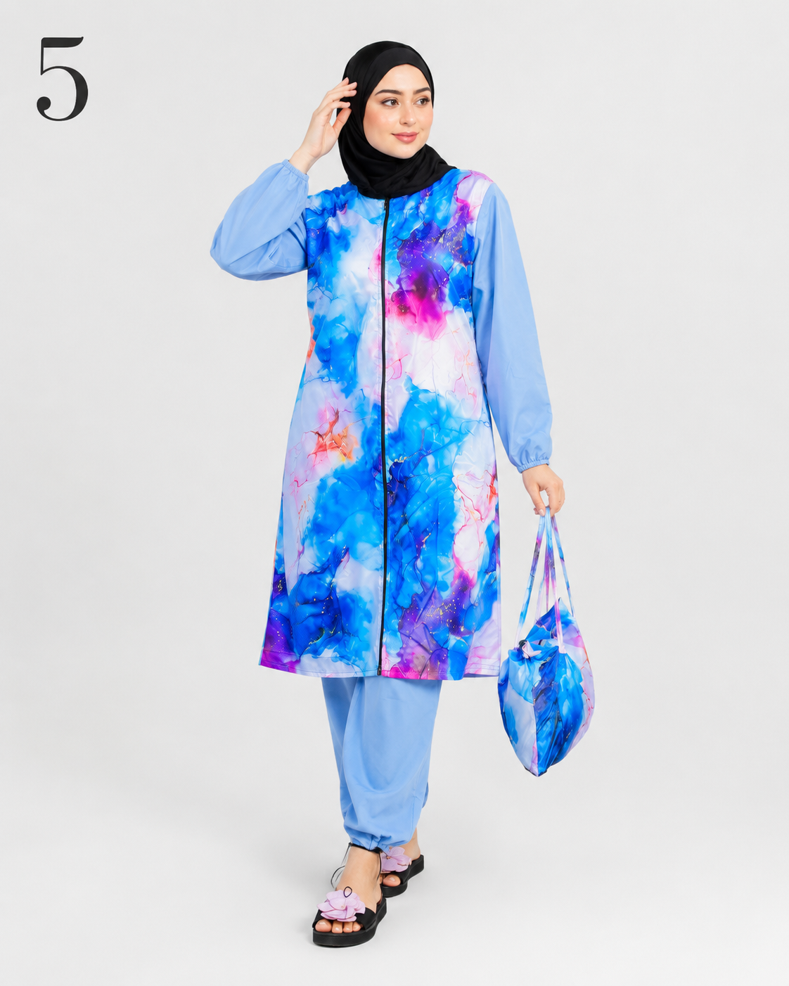 Burkini Long Femme 4 Pièces – Maillot de Bain Modeste avec Pantalon, Haut, Foulard et Sac | Tailles M à 4XL