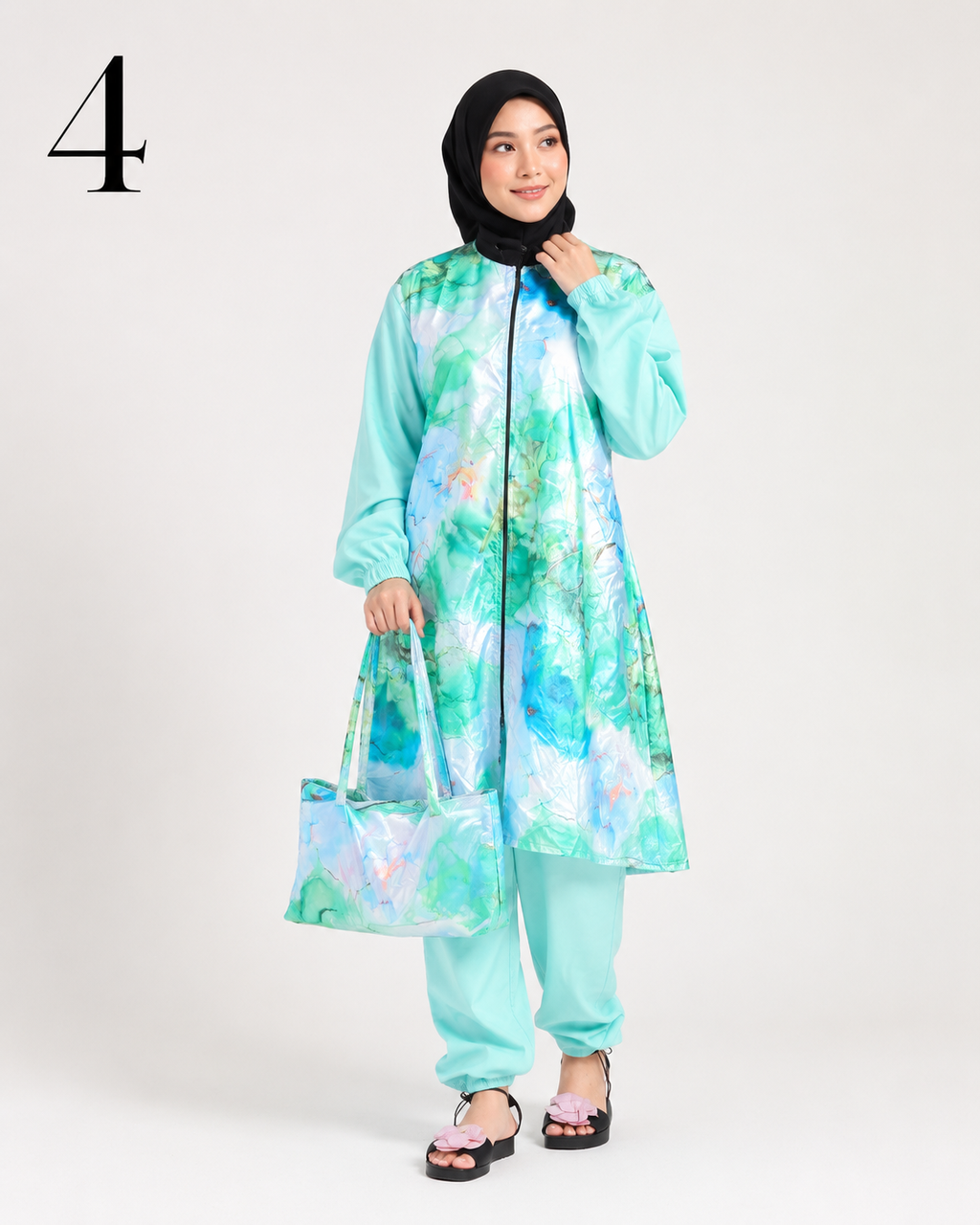 Burkini Long Femme 4 Pièces – Maillot de Bain Modeste avec Pantalon, Haut, Foulard et Sac | Tailles M à 4XL