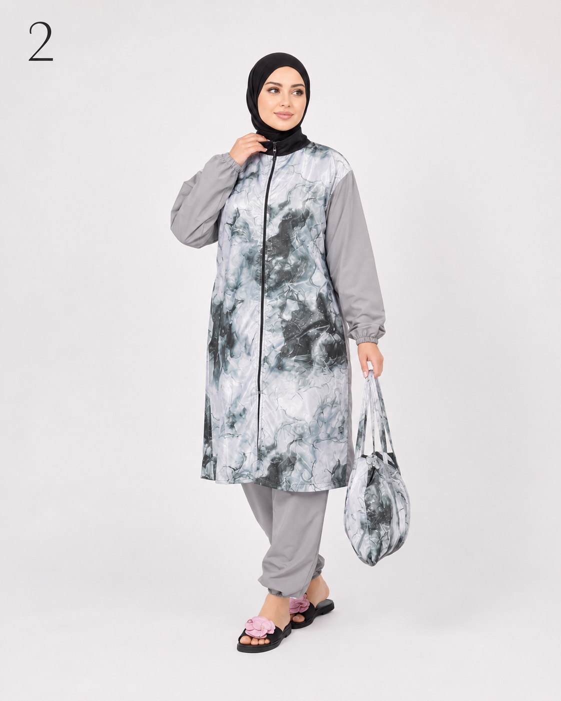 Burkini Long Femme 4 Pièces – Maillot de Bain Modeste avec Pantalon, Haut, Foulard et Sac | Tailles M à 4XL