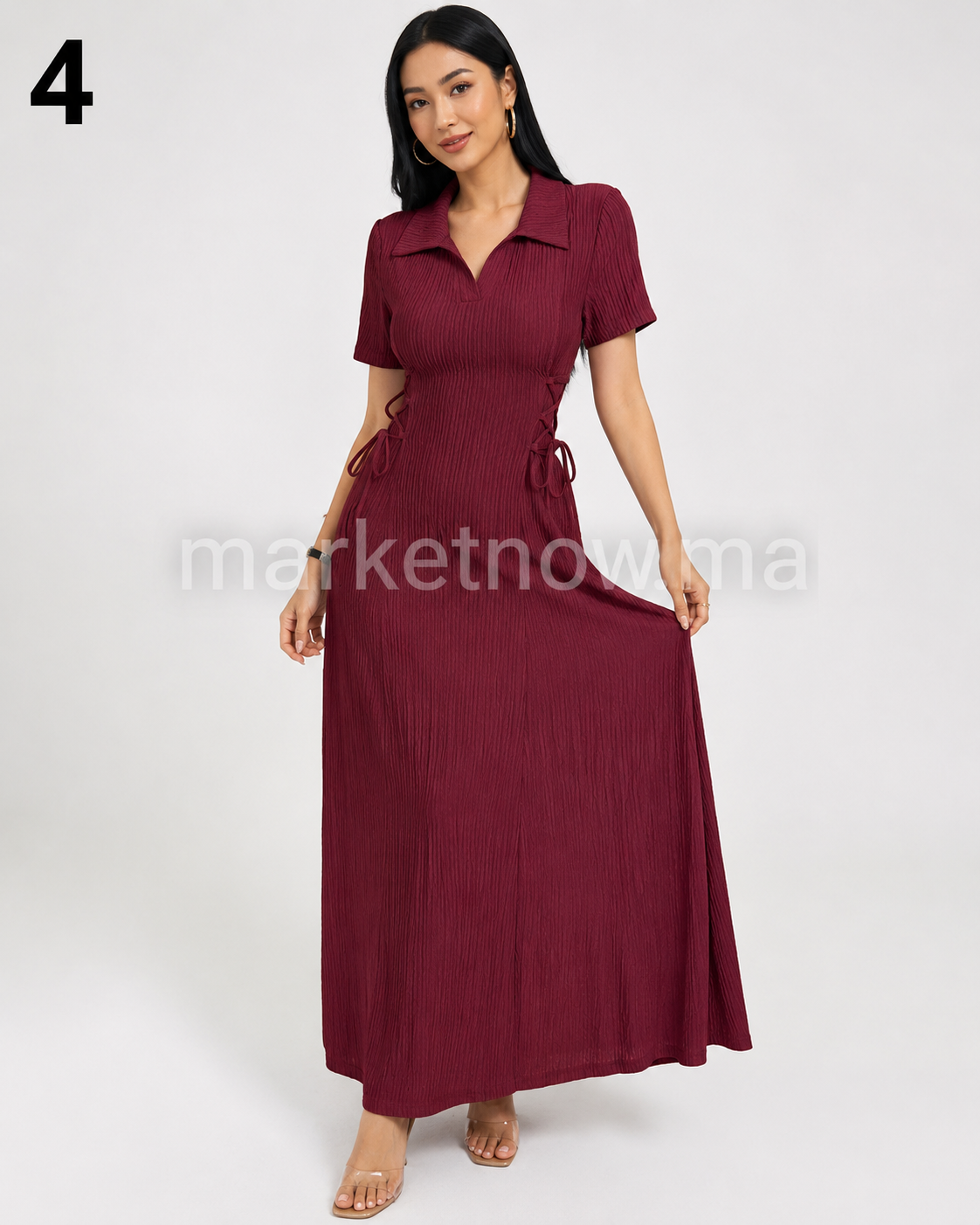 Robe Longue Femme Élégante en Crêpe Gaufré avec Ceinture Latérale – Style Chic & Moderne | Tailles M à XXL