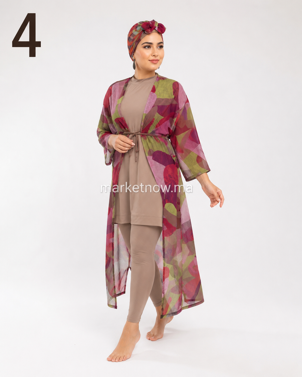 Burkini Femme 4 Pièces Tendance – Maillot de Bain Modeste avec Kimono et Foulard | Qualité Premium | Tailles M à XL