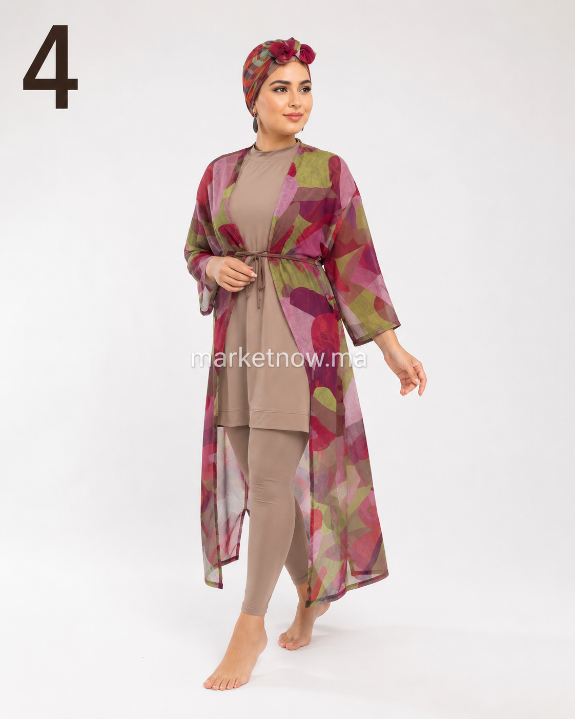 Burkini Femme 4 Pièces Tendance – Maillot de Bain Modeste avec Kimono et Foulard | Qualité Premium | Tailles M à XL
