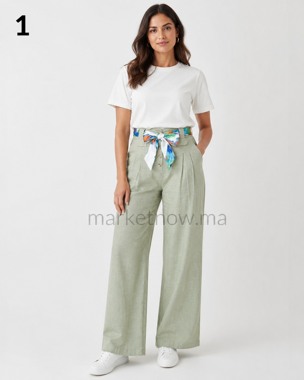 Pantalon Femme Élégant Été en Tissu Loulane – Coupe Large Chic avec Ceinture Foulard | Tailles M à XXL