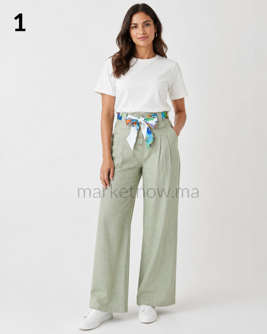 Pantalon Femme Élégant Été en Tissu Loulane – Coupe Large Chic avec Ceinture Foulard | Tailles M à XXL