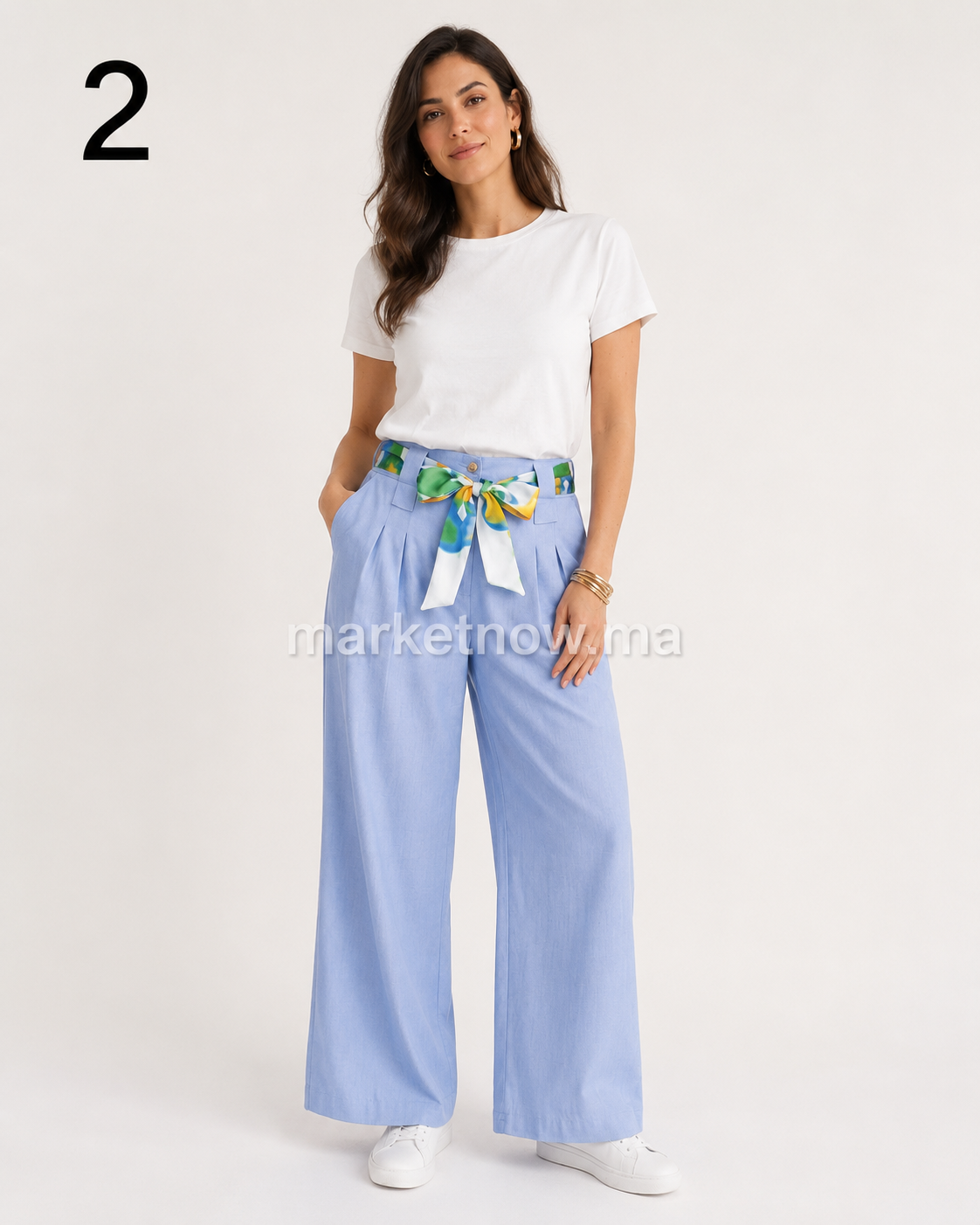 Pantalon Femme Élégant Été en Tissu Loulane – Coupe Large Chic avec Ceinture Foulard | Tailles M à XXL