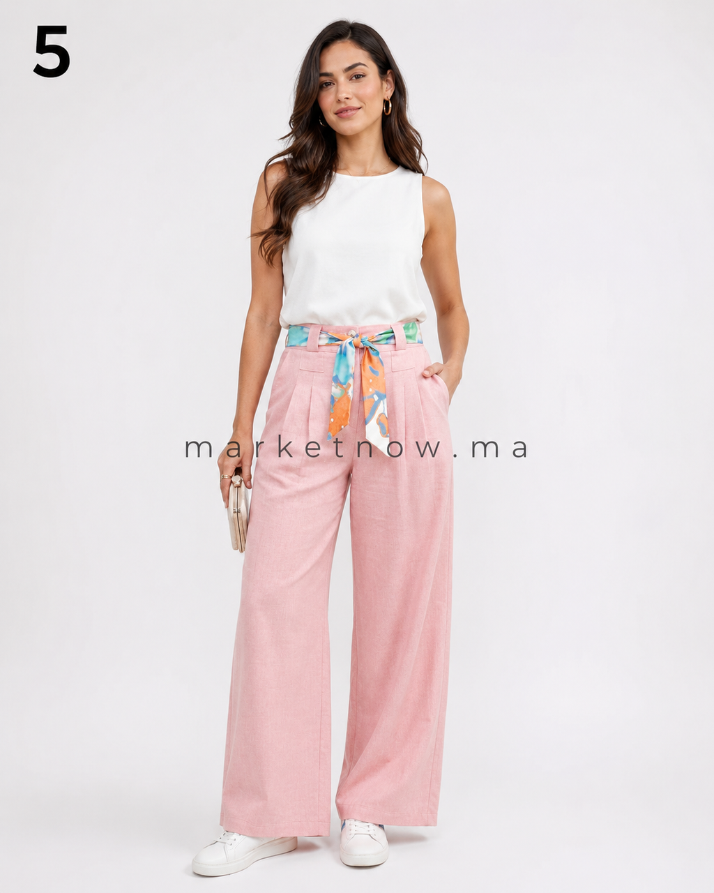 Pantalon Femme Élégant Été en Tissu Loulane – Coupe Large Chic avec Ceinture Foulard | Tailles M à XXL