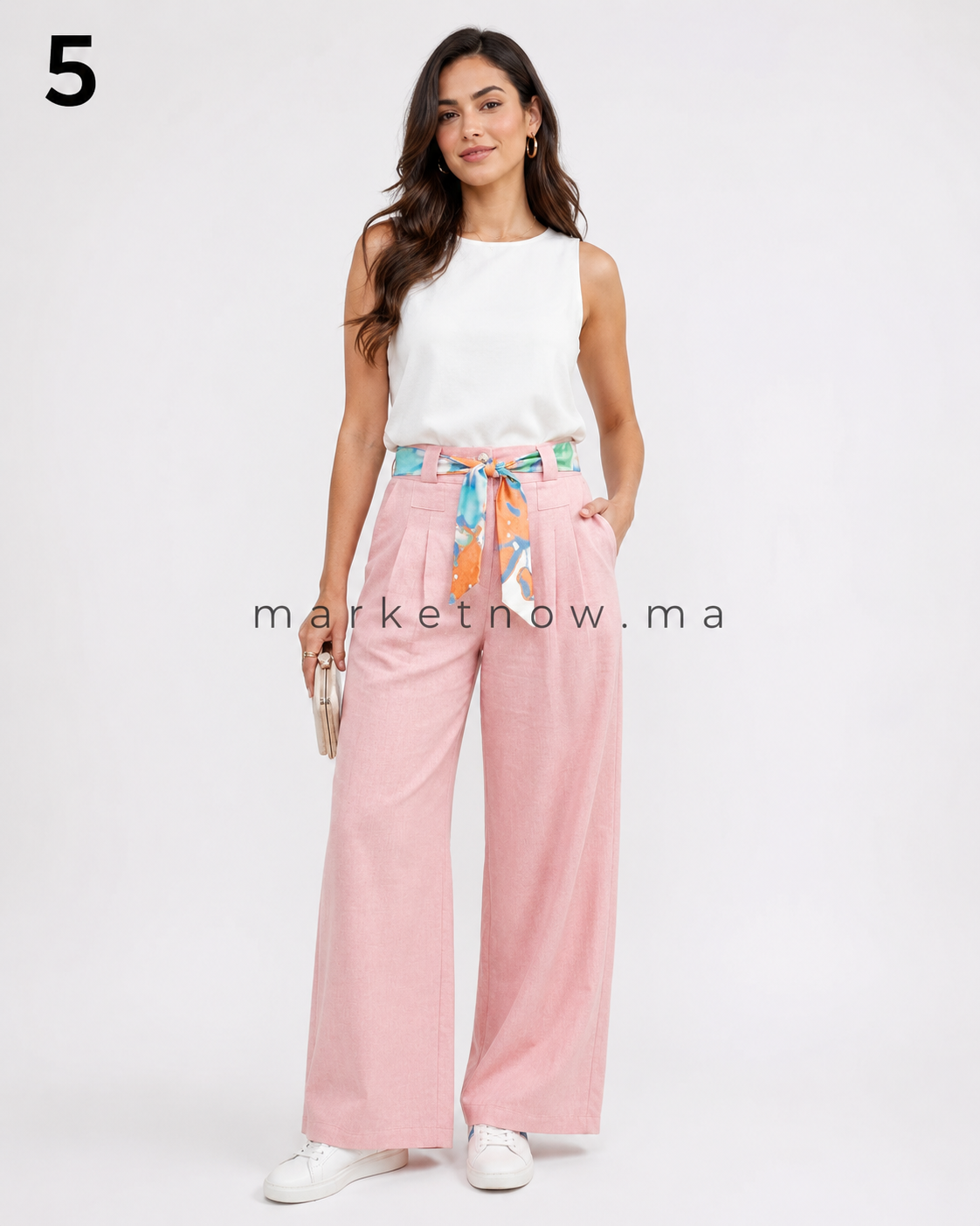 Pantalon Femme Élégant Été en Tissu Loulane – Coupe Large Chic avec Ceinture Foulard | Tailles M à XXL