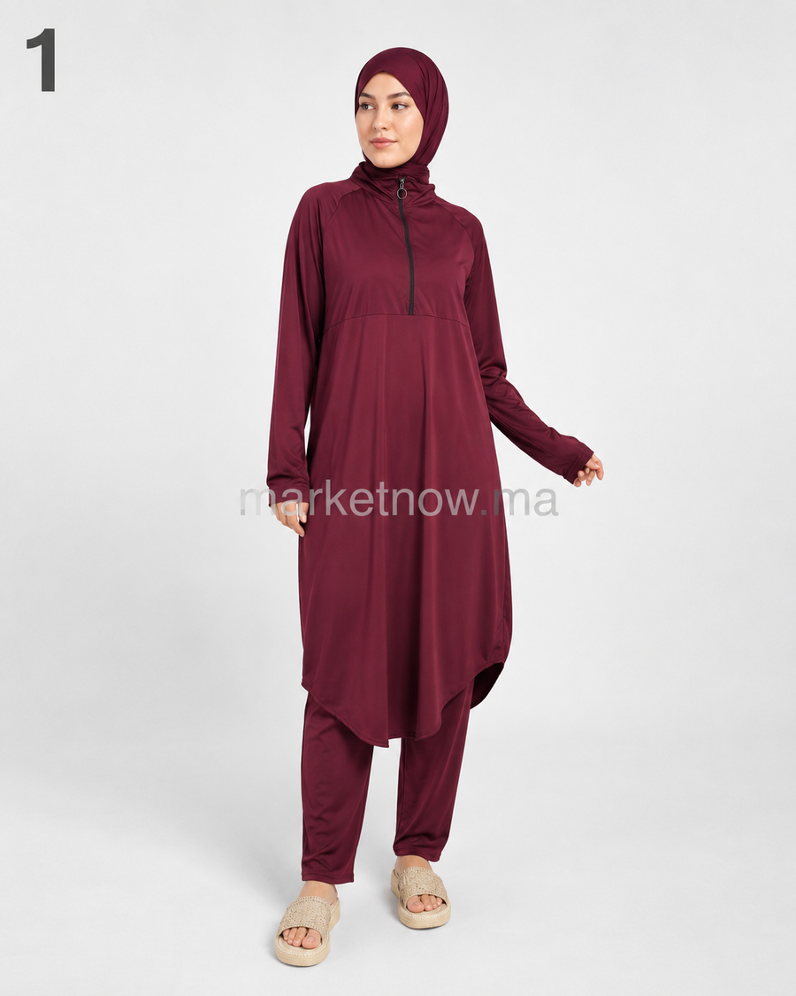 Burkini 3 pièces en polyamide – Tunique longue, pantalon et hijab