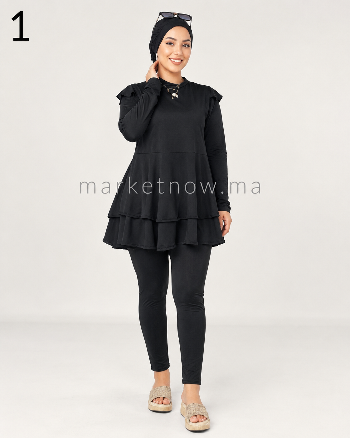 Burkini 3 pièces à volants en polyamide – Bonnet inclus